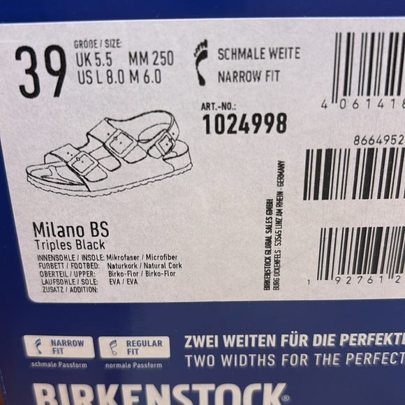 New In Box Birkenstock Milano Vegan Birko-Flor On Triples Black 8/39 Med/Narrow - Picture 9 of 16